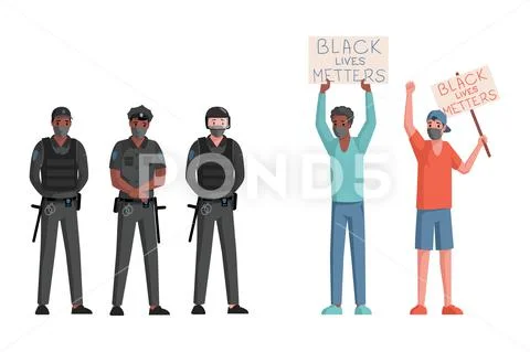 Police officers and men in face masks holding placards and banners with Black Stock Illustration