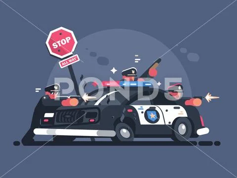 Police patrol fires from behind car Stock Illustration