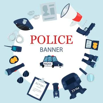 Police professional tools and security equipment round circle vector banner Stock Illustration