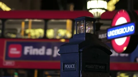 Police Public Call Post, Underground Station, London Bus, Christmas Lights Stock Footage 145041803