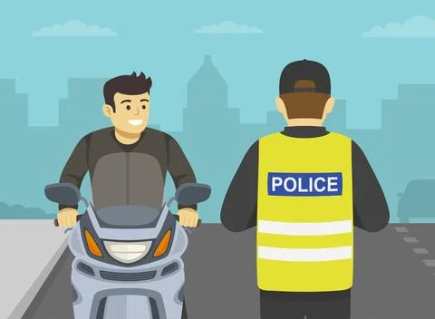 Police pulls over a motorcyclist without helmet on a city road and checks ID. Stock Illustration
