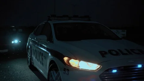 Police raid at night. View of hurrying skillful cops ull over get out of car Stock Footage 112990236
