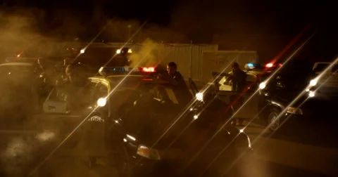 Police React To Explosion Outside Warehouse Stockbeeldmateriaal 60680763