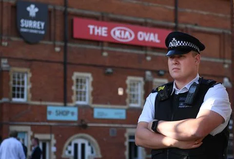 Police react to incident at the Oval as someone fired an arrow onto the field, L Stock Photos