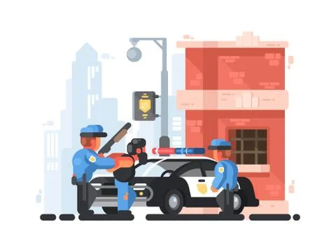 Police station and patrol with detainee Stock Illustration