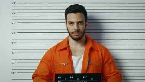 In a Police Station Arrested Man Getting Side, Front-View Mug Shot. Stock Footage