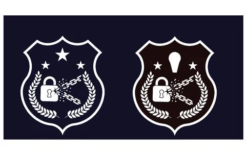 Police style badges featuring broken chains and locks for security design c.. Ilustración de archivo