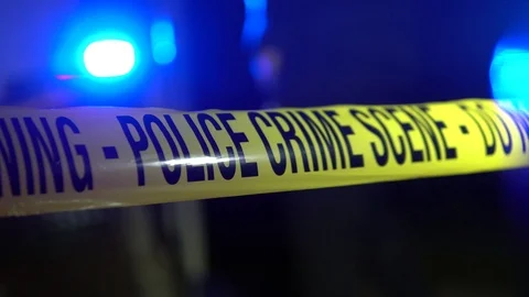 Police Tape At Crime Scene, Warning Sign And Flashing Lights At Night Outside Stock Footage