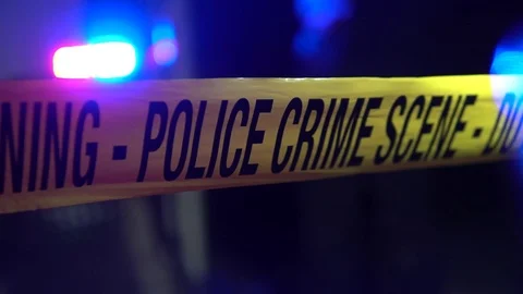 Police Tape At Crime Scene, Warning Sign And Flashing Lights At Night Outside Stock Footage