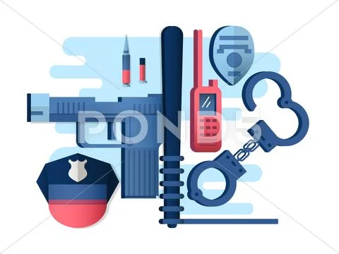 Police things gun and handcuffs Stock Illustration