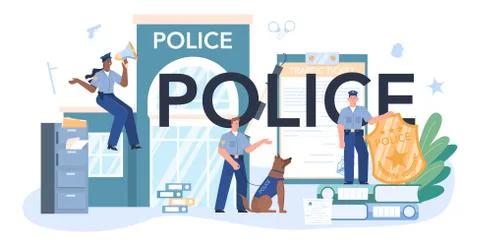 Police typographic header. Detective making investigation and apprehension Stock Illustration