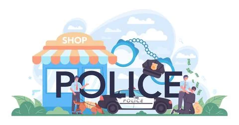 Police typographic header. Detective making interrogation. Policeman patrol Stock Illustration