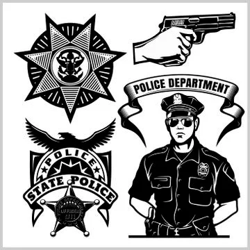 Police Vector set - Design elements, Badge, Policeman in Monochrome style Stock Illustration