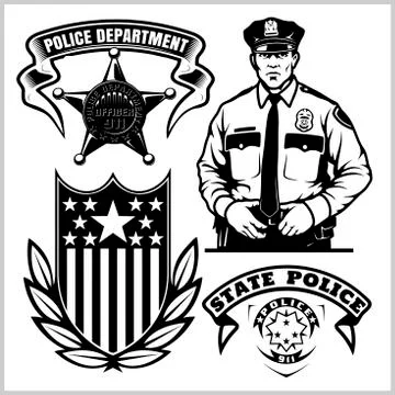 Police Vector set - Design elements, Badge, Policeman in Monochrome style Stock Illustration