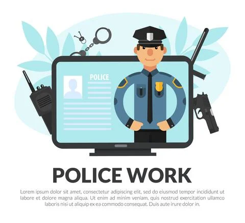 Police Work Web Banner with Computer Screen and Man Officer in Uniform as Illustrazione stock
