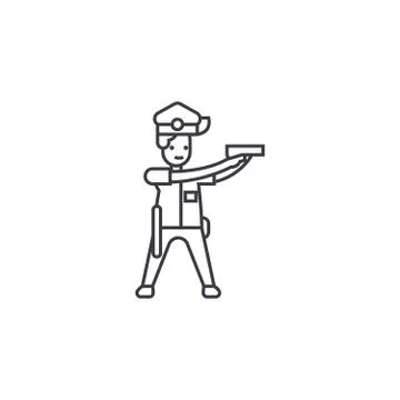 Policeman aiming vector line icon, sign, illustration on background, editable Illustrazione stock