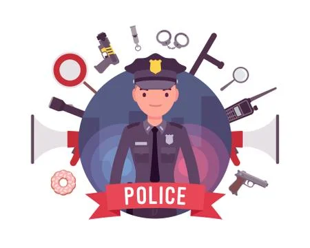Policeman and weapons poster Stock Illustration