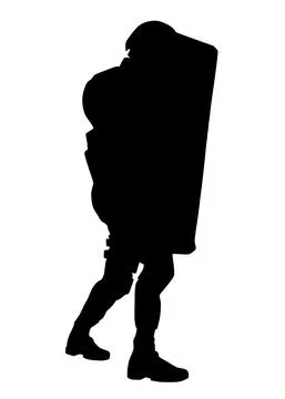Policeman with anti riot shield vector silhouette Stock Illustration