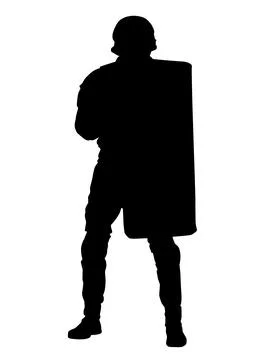 Policeman with anti riot shield vector silhouette Stock Illustration