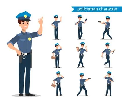 Policeman character set. Full length officer, different views, emotions, gest Stock Illustration