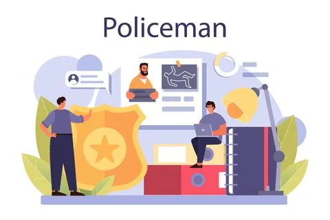Policeman concept. Detective making interrogation investigating a crime Stock Illustration
