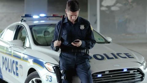Policeman cops stand near patrol car use phone accepting emergence call Stock Photos