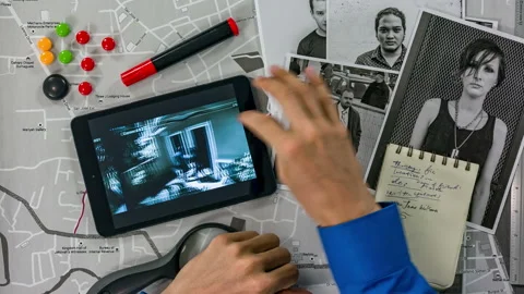 Policeman flips through the photo on the tablet Top view of the detective's desk Stock Footage 121729964
