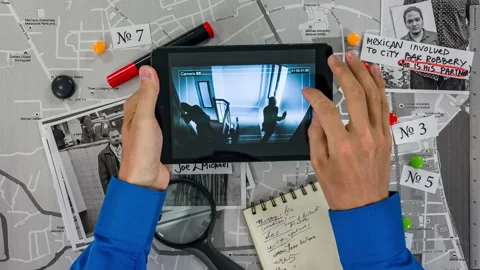 Policeman flips through the photo on the tablet Top view of the detective's desk Stock Footage 121729965