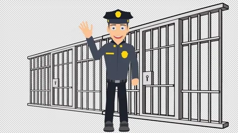 A policeman in front of prison cells. Animation of a prison guard. Cartoon Stock-Footage 346399951