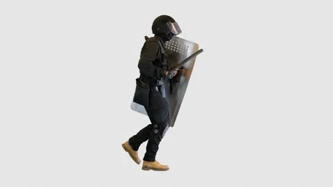 Policeman in full uniform running with a shield and baton, Alpha Channel Stock-Footage 151158223