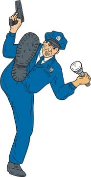 Policeman Gun Flashlight Torch Kicking Drawing Stock Illustration