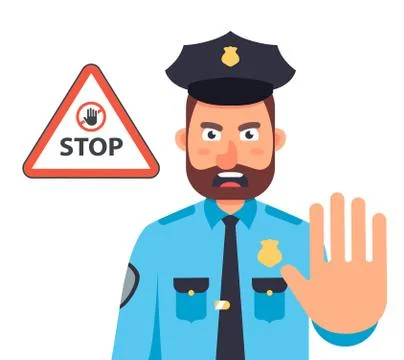 Policeman with a hand stops the movement. stop sign in the triangle. Stock Illustration