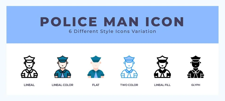 Policeman icon set with different styles. Design elements for logo. Vector .. Stock Illustration