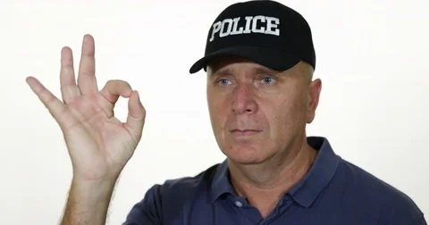 Policeman Interview Presentation Ok Sign Agree Attitude Law and Protect Activity Stock-Footage 83653876