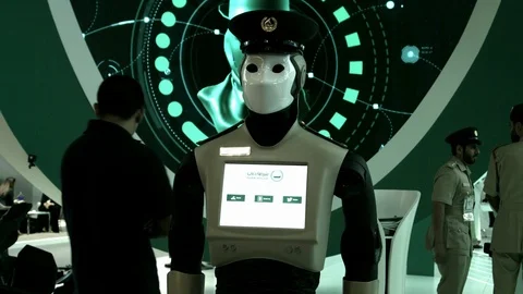 Policeman Robot as a model in Dubai Stock Footage 98854327
