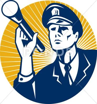 Policeman security guard with flashlight retro Stock Illustration