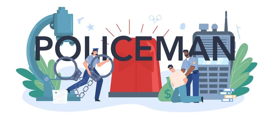 Policeman typographic header. Detective making investigation and apprehension Stock Illustration