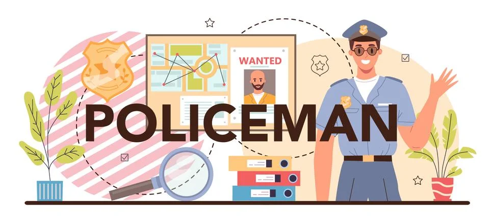 Policeman typographic header. Detective making interrogation. Police officer Illustrazione stock