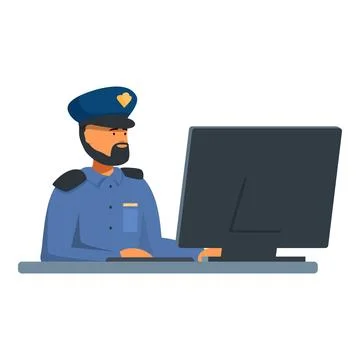 Policeman using computer at desk Stock Illustration