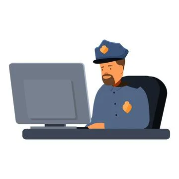 Policeman working at computer in office, investigating crime online Stock Illustration