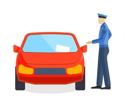 Policeman writing speeding ticket driver parking attendant traffic warden car イラスト素材
