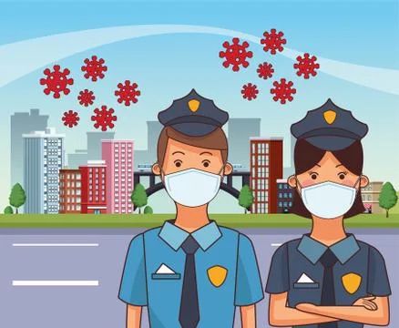 Polices couple workers profession using face masks Illustrazione stock