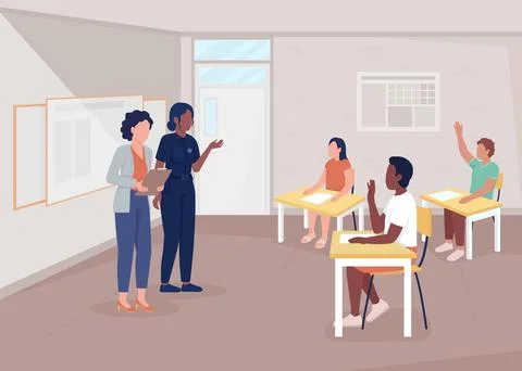 Policewoman instructing students flat color vector illustration Stock Illustration