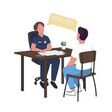 Policewoman interrogating suspect semi flat color vector characters Stock-Illustration