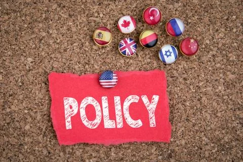 POLICY. Pins with flags of different countries Stock Photos