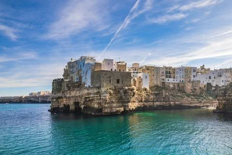 Polignano a Mare is a town and comune in the Metropolitan City of Bari, Apu.. Stock Photos