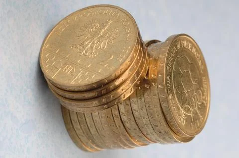 Polish 2 gold coin in the stack Stock Photos