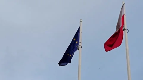 Polish and EU flags flying on a cloudy day. Stock-Footage 320831474