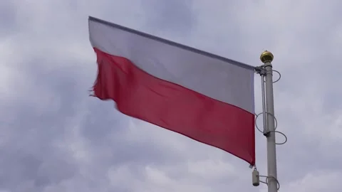 Polish banner wave on the background of cloudy, dramatic sky. Video stock 183304269
