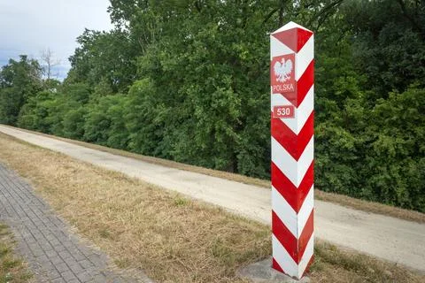 Polish border post with the coat of arms Stock Photos
